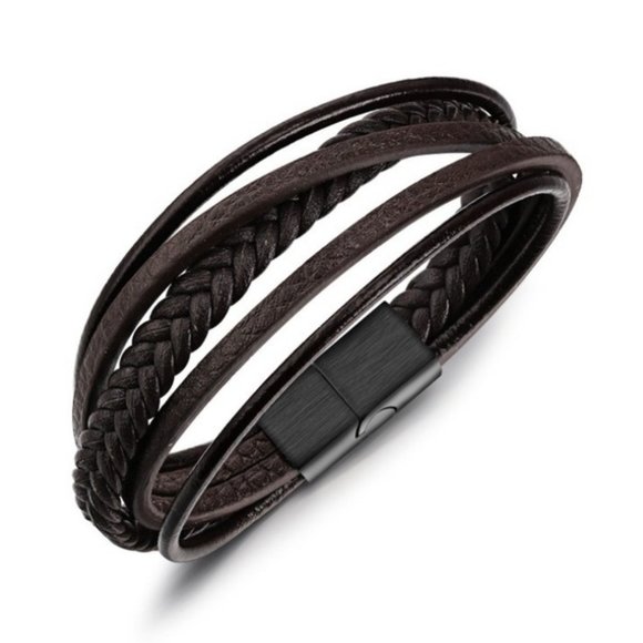 Men's Multi-Layer Leather Bracelet With Magnetic-Clasp (Brown) - Picture 3 of 5
